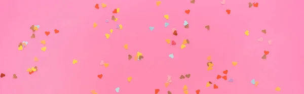 Top View Valentines Confetti Scattered Pink Background Panoramic Shot — Stock Photo, Image