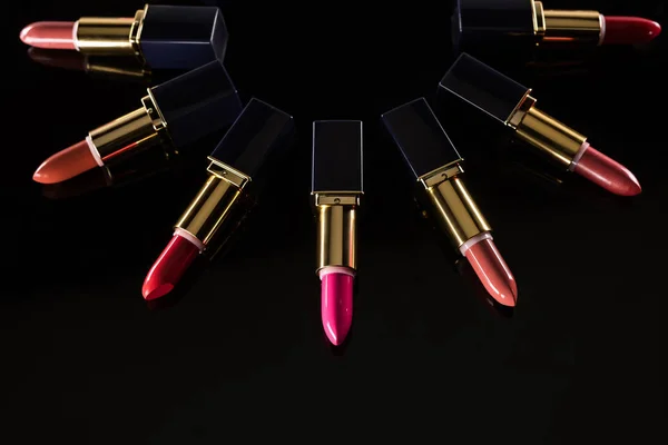 Assorted Lipsticks Luxury Tubes Arranged Circle Isolated Black — Stock Photo, Image