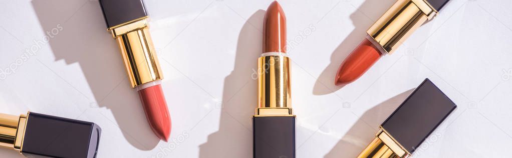 top view of brown assorted lipsticks in luxury tubes on white background, panoramic shot