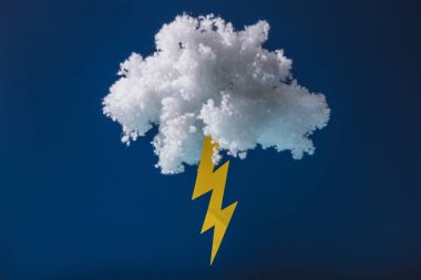 white fluffy cloud made of cotton wool with lightning isolated on dark blue clipart