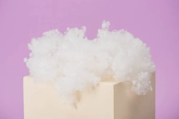 White Fluffy Cloud Made Cotton Wool Cube Isolated Violet Background — Stock Photo, Image