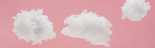 White Fluffy Clouds Made Cotton Wool Isolated Pink Panoramic Shot — Stock Photo, Image