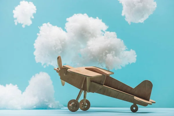 Wooden Toy Plane White Fluffy Clouds Made Cotton Wool Isolated — Stock Photo, Image