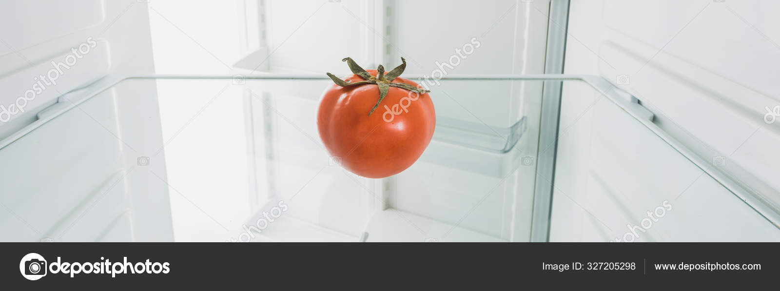 Panoramic Shot Ripe Tomato Refrigerator Open Door Isolated White