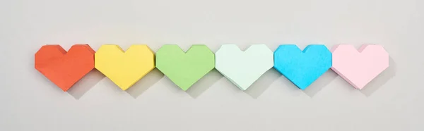 Top View Colorful Paper Hearts Grey Background Panoramic Shot — 스톡 사진