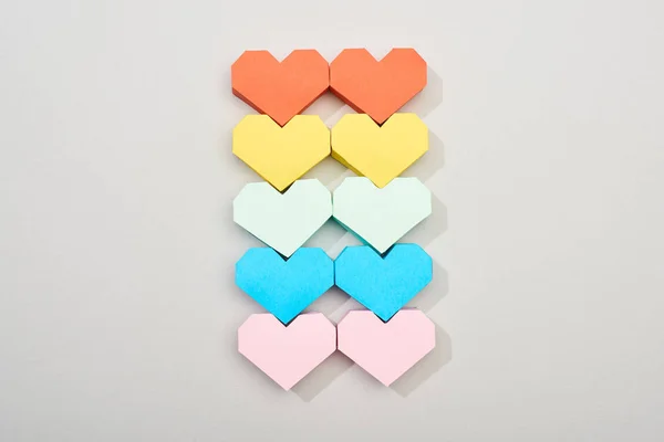 Top View Colorful Heart Shaped Papers Grey Background — 스톡 사진