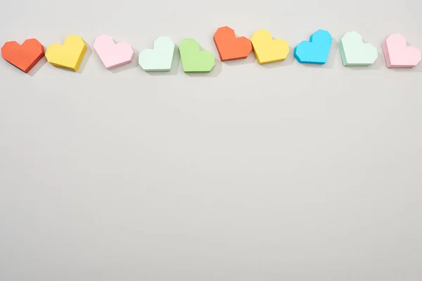 Top View Colorful Paper Hearts Grey Background Copy Space — Stock Photo, Image