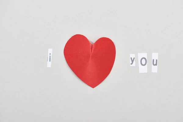 Top View Love You Lettering Heart Shaped Paper Grey Background — Stock Photo, Image