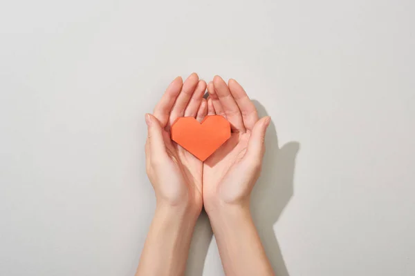 Top View Girl Holding Paper Heart Hands Grey Background — Stock Photo, Image