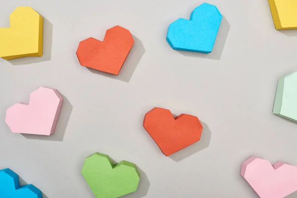 Top View Festive Heart Shaped Papers Grey Background — 스톡 사진