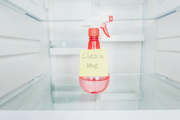 Bottle Detergent Clean Lettering Card Refrigerator Shelf — Stock Photo, Image