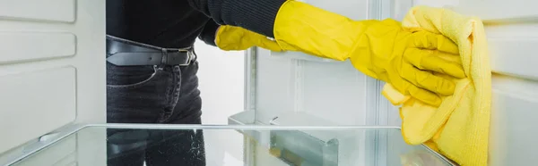 Beskåret Visning Kvinde Rengøring Køleskab Med Klud Isoleret Hvid Panoramabillede - Stock-foto