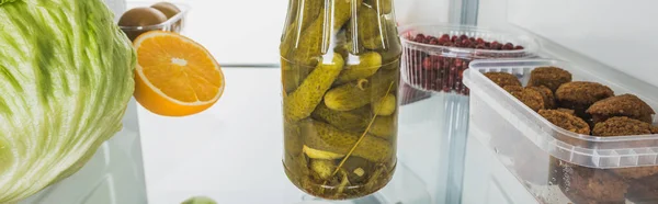 Panoramic Shot Pickles Cutlets Fresh Fruits Fridge Shelf Isolated White — Stock Photo, Image