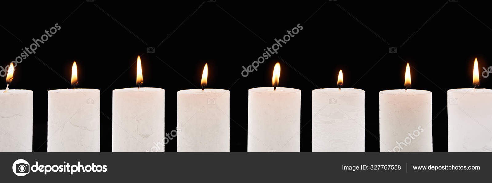 Burning White Candles Glowing Line Isolated Black Panoramic Shot
