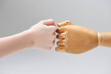 Cropped view of hands of woman and wooden doll making fist bump isolated on grey clipart