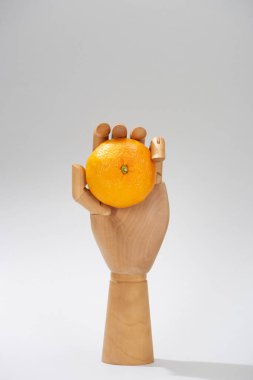 Wooden hand of doll with fresh mandarin on grey background clipart