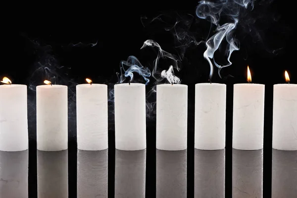 Burning Extinct White Candles Smoke Black Background — Stock Photo, Image