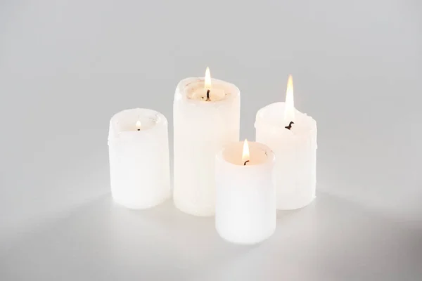 Burning Candles Glowing White Background Shadow — 스톡 사진