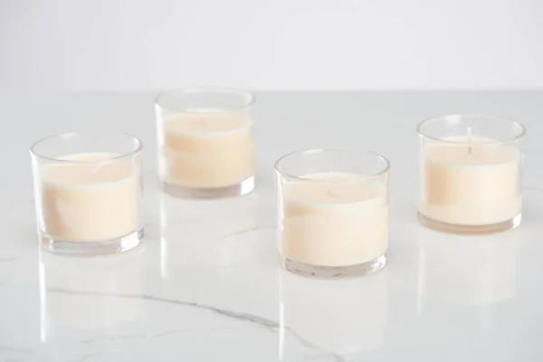 White Candles Glass Marble White Surface — Stock Photo, Image