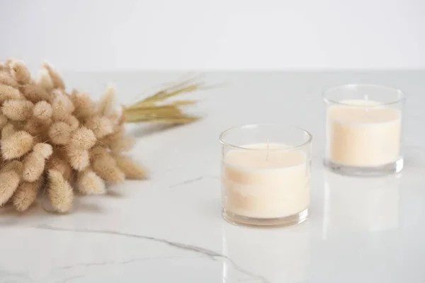 Selective Focus Fluffy Bunny Tail Grass White Candles Glass Marble — Stock Photo, Image