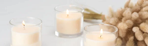 Selektiver Fokus Aus Flauschigem Hasenschwanzgras Und Brennenden Weißen Kerzen Glas — Stockfoto