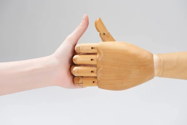 Vista Recortada Mujer Jugando Juego Dedos Con Muñeca Madera Aislado —  Fotos de Stock