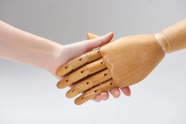 Cropped View Woman Wooden Doll Shaking Hands Isolated Grey — Stock Photo, Image