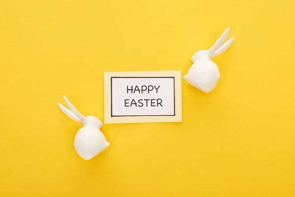 Top View Greeting Card Happy Easter Lettering Easter White Bunnies — Stock Photo, Image