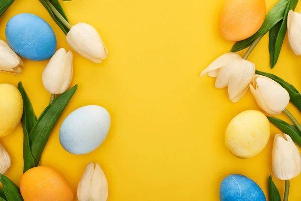 Top View Tulips Painted Easter Eggs Colorful Yellow Background Copy — 스톡 사진