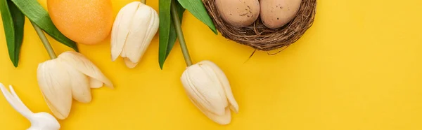 Vrchní Pohled Tulipány Kuřecí Vejce Hnízdě Velikonočního Zajíčka Barevném Žlutém — Stock fotografie