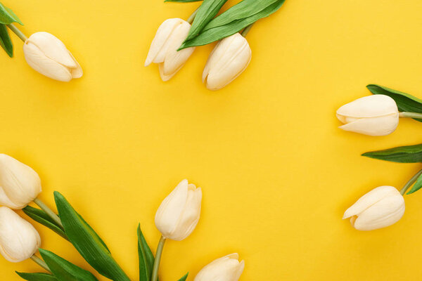 Vista superior de los tulipanes de primavera sobre fondo amarillo colorido — Imagen de stock Vista Superior Los Tulipanes Primavera Sobre Fondo Amarillo Colorido Imágenes De Stock Sin Royalties Gratis