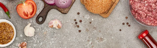 Top View Fresh Burger Ingredients Grey Concrete Surface Panoramic Shot — Stock Photo, Image