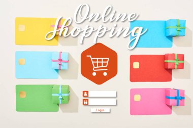 top view of multicolored empty credit cards and gift boxes on white background with online shopping illustration
