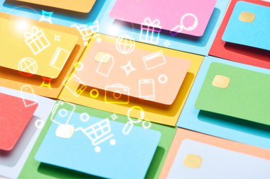 multicolored empty credit cards on colorful background with icons illustration