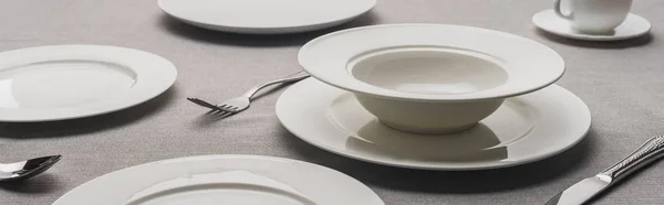 Selective Focus Serving Tableware Coffee Cup Grey Tablecloth Panoramic Shot — 스톡 사진