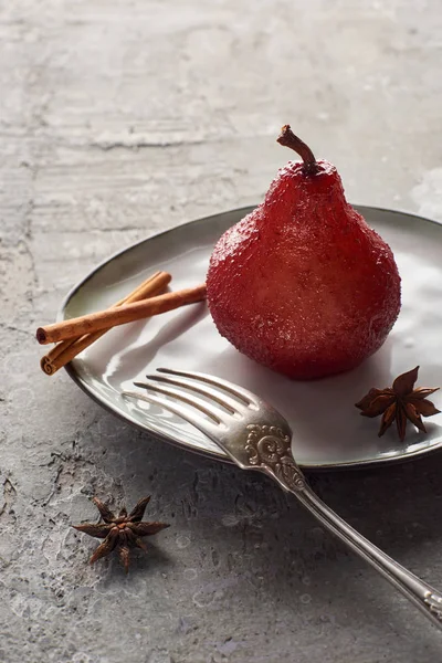 Delicious Pear Wine Cinnamon Anise Plate Grey Concrete Surface Fork — Stock Photo, Image