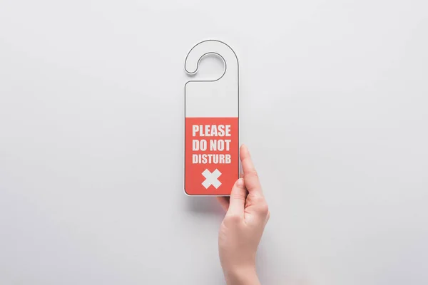 Cropped View Woman Holding Please Disturb Sign White Background — ストック写真