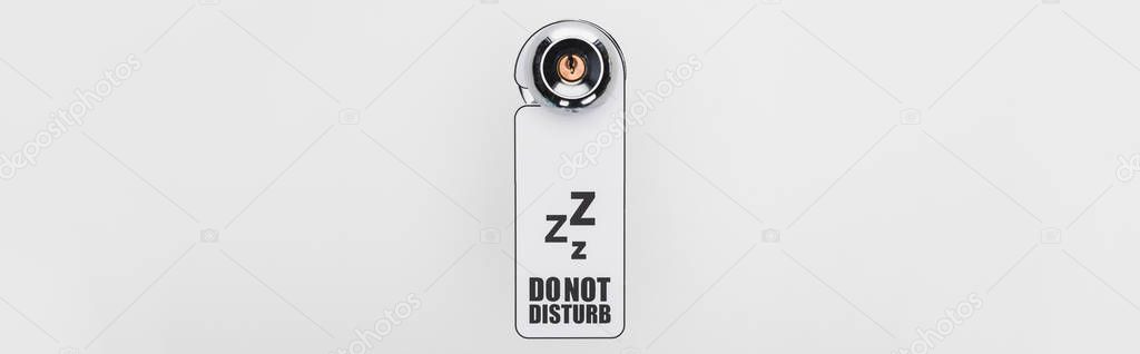 do no disturb sign on handle with lock on white background, panoramic shot