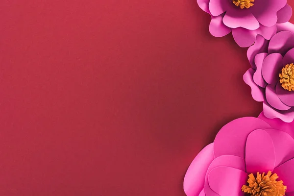 Bovenaanzicht Van Papier Roze Papieren Bloemen Geïsoleerd Rood — Stockfoto