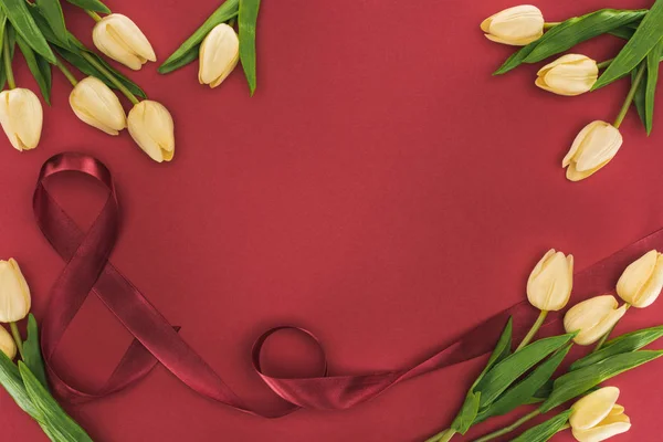 Vrchní Pohled Tulipány Hedvábnou Stuhou Izolované Červené Kopírovacím Prostorem — Stock fotografie