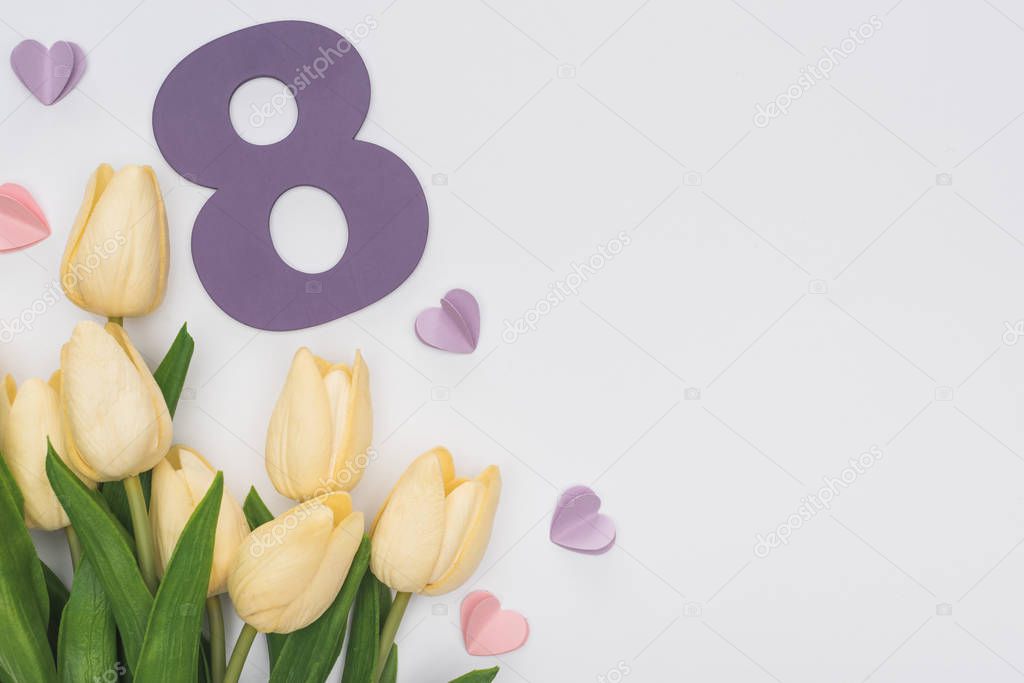 top view of tulips, paper hearts and number 8 isolated on white