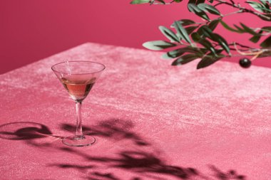 Gül şarabının yanındaki zeytin dalının seçici odağı kadife pembe bez üzerinde pembe, kızsı bir konseptte izole edilmiş.