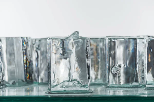 Selective Focus Melting Transparent Clear Square Ice Cubes Isolated White — Stock Photo, Image
