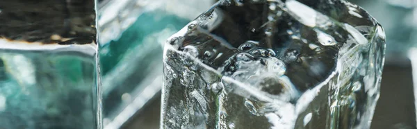 Close View Melting Transparent Clear Square Ice Cubes Panoramic Shot — ストック写真