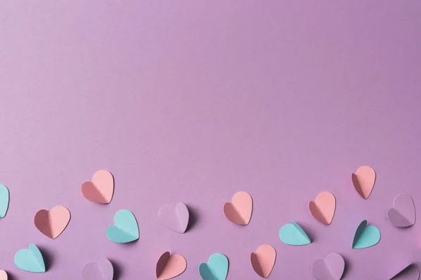 Top View Colorful Paper Hearts Violet Background — 스톡 사진