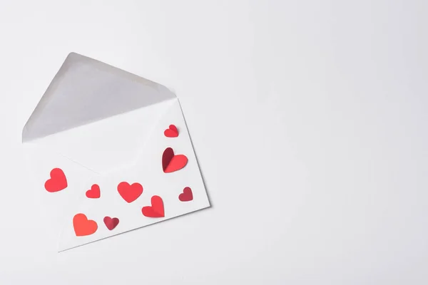 Top View Valentines Envelope Red Hearts White Background — Stock Photo, Image