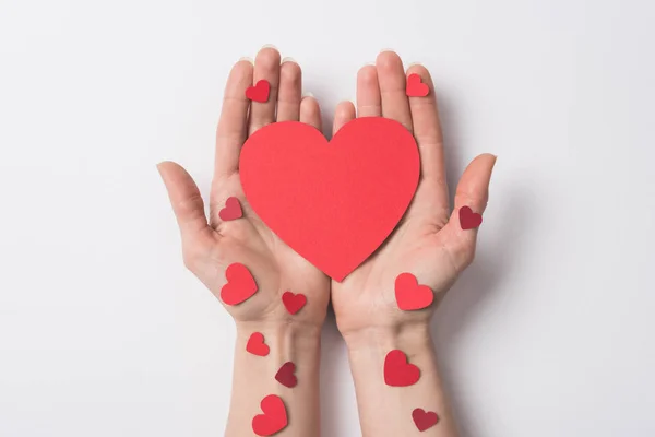 Cropped View Woman Holding Red Hearts White Background — Stock Photo, Image
