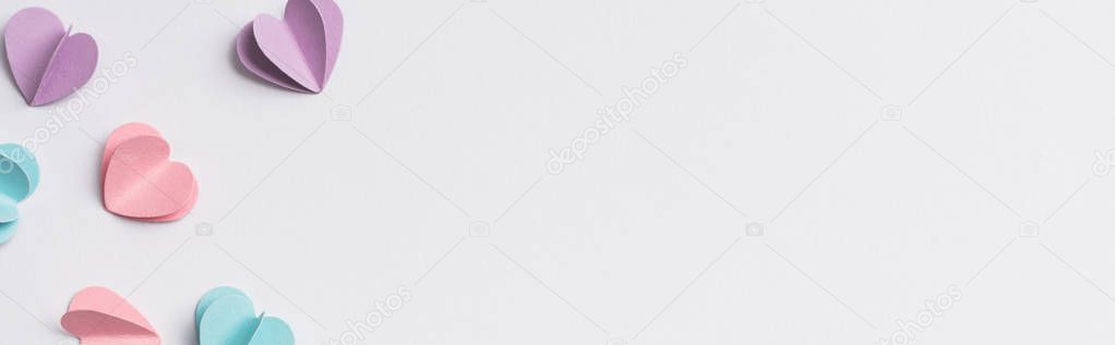 top view of colorful paper hearts on white background, panoramic shot
