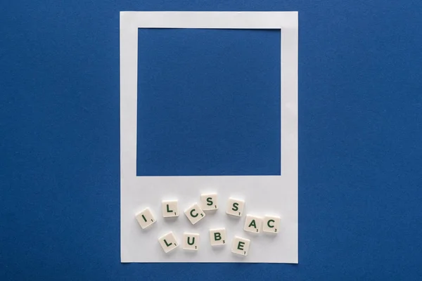 Top View Letters Cubes White Photo Frame Blue Background — 스톡 사진