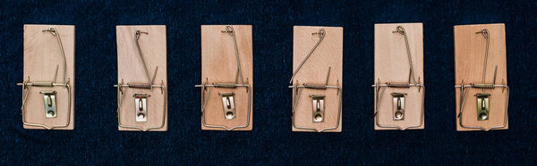 верхний вид деревянных мышеловок в линии на голубом фоне, панорамный снимок
